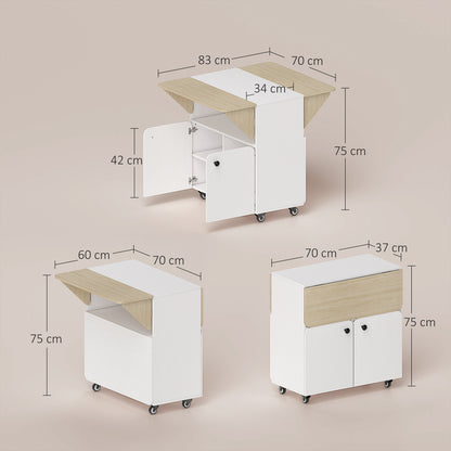 HOMCOM Klapptisch Rollschrank, zwei klappbare Tischseiten, Schrankfach, 4 Rollen, Weiß+Naturholz, 70 x 83 x 75cm
