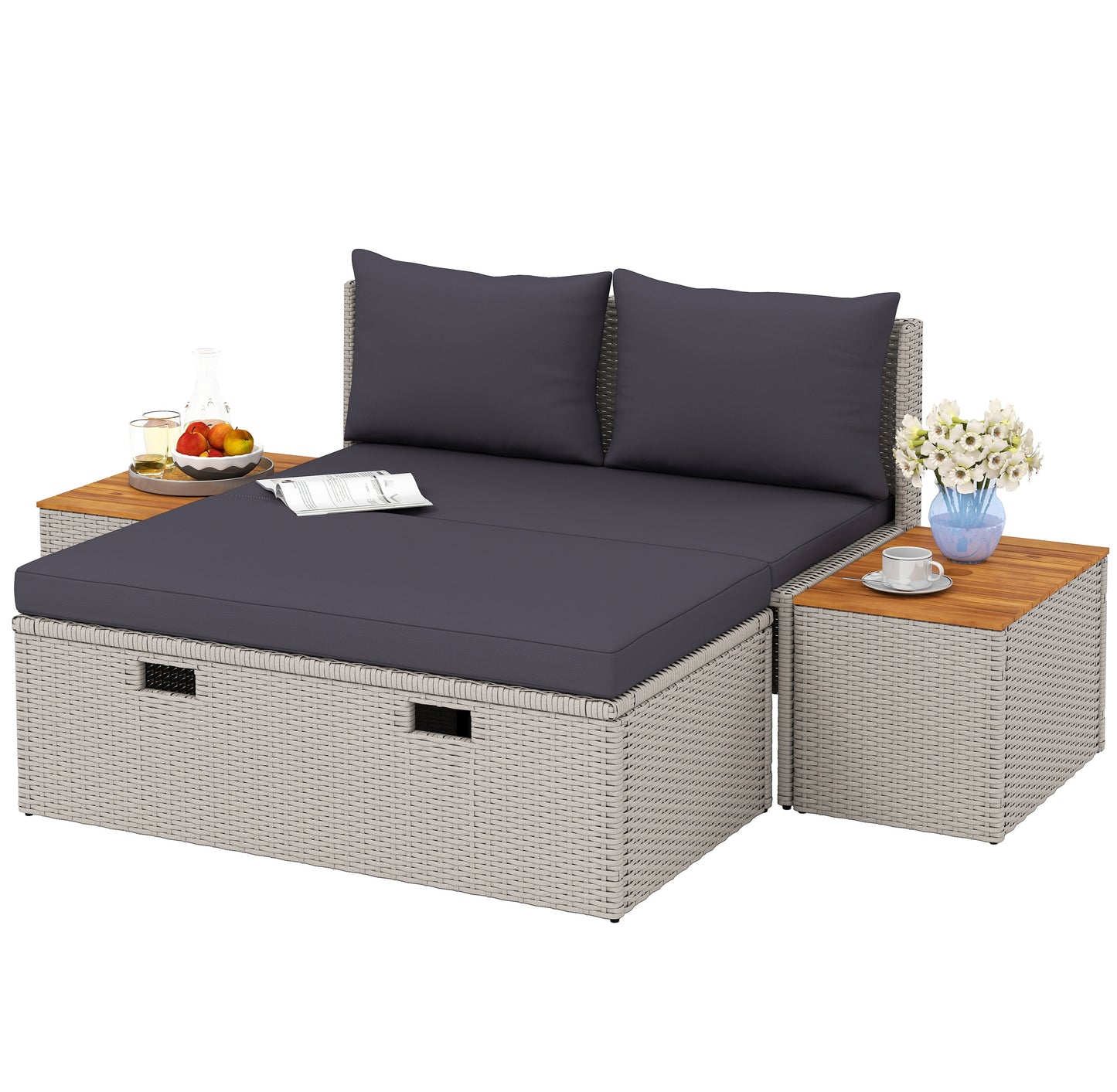 Outsunny Polyrattan Sonnenliege für 2 Personen Doppelliege mit Fußhocker Staurum Auflagen 125x114x72,5 cm Grau