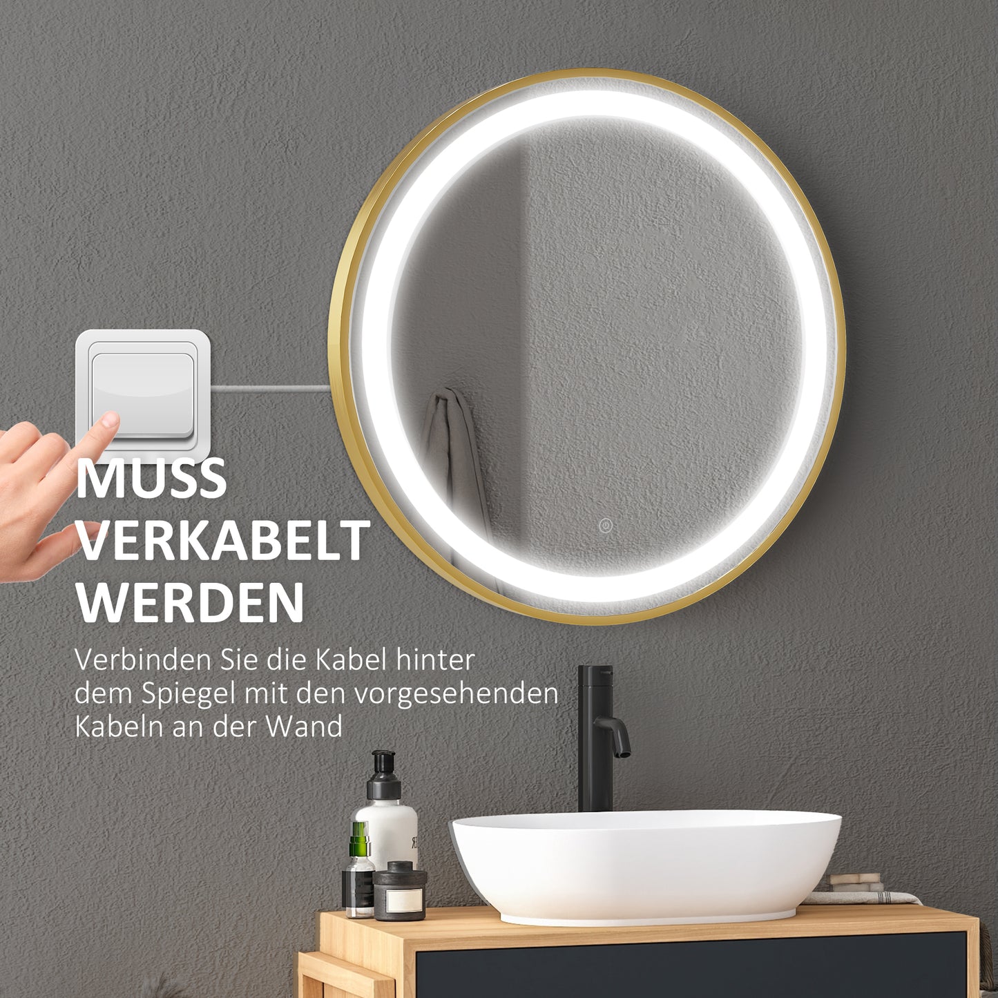 kleankin Runder Spiegel mit LED-Beleuchtung, Uhrzeitanzeige, Memoryfunktion, Gold + Silber