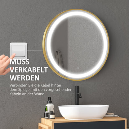 kleankin Runder Spiegel mit LED-Beleuchtung, Uhrzeitanzeige, Memoryfunktion, Gold + Silber