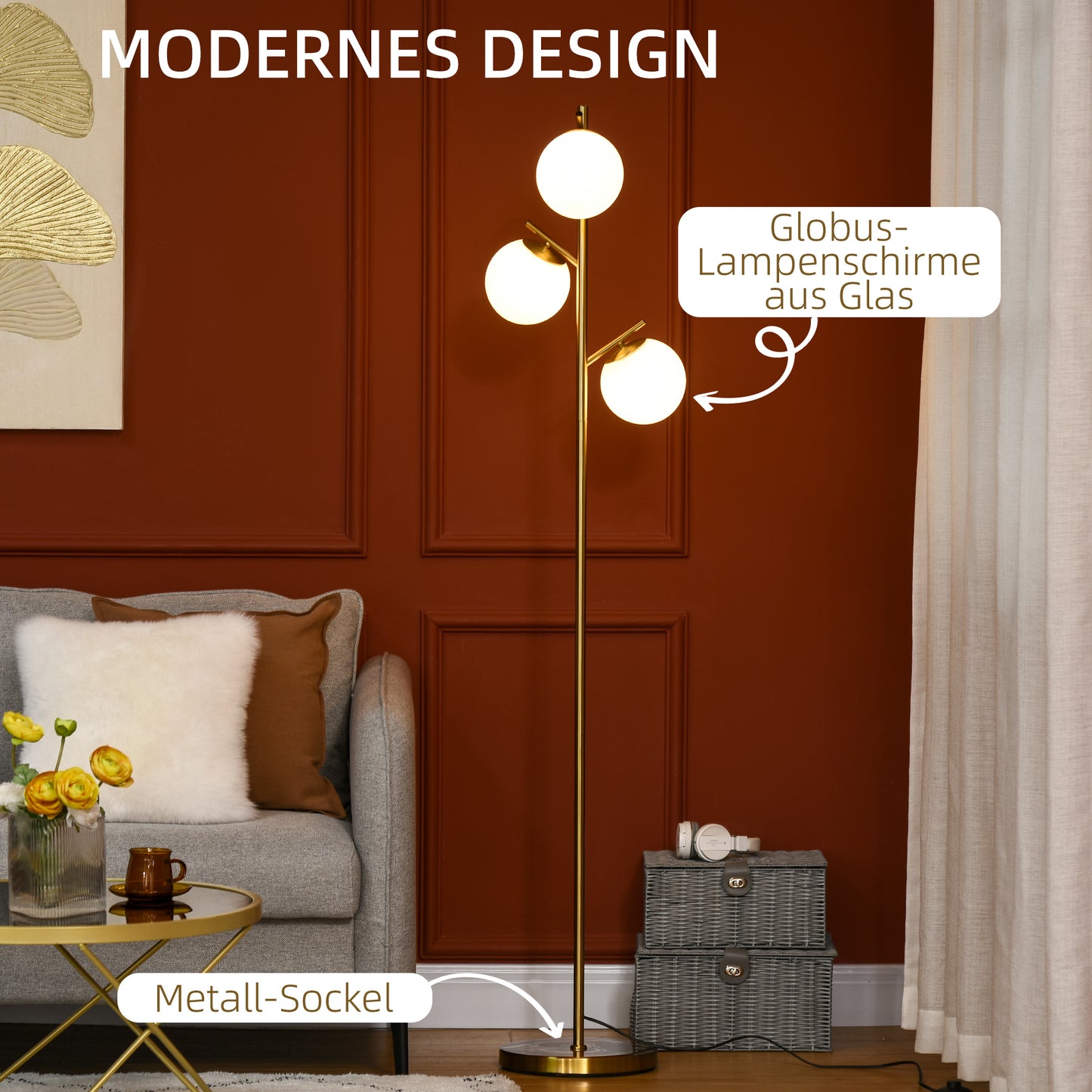 HOMCOM Stehleuchte im Retro-Design, Stehlampe, Stehlampe mit 3 Lampenschirmen, Glas, Gold