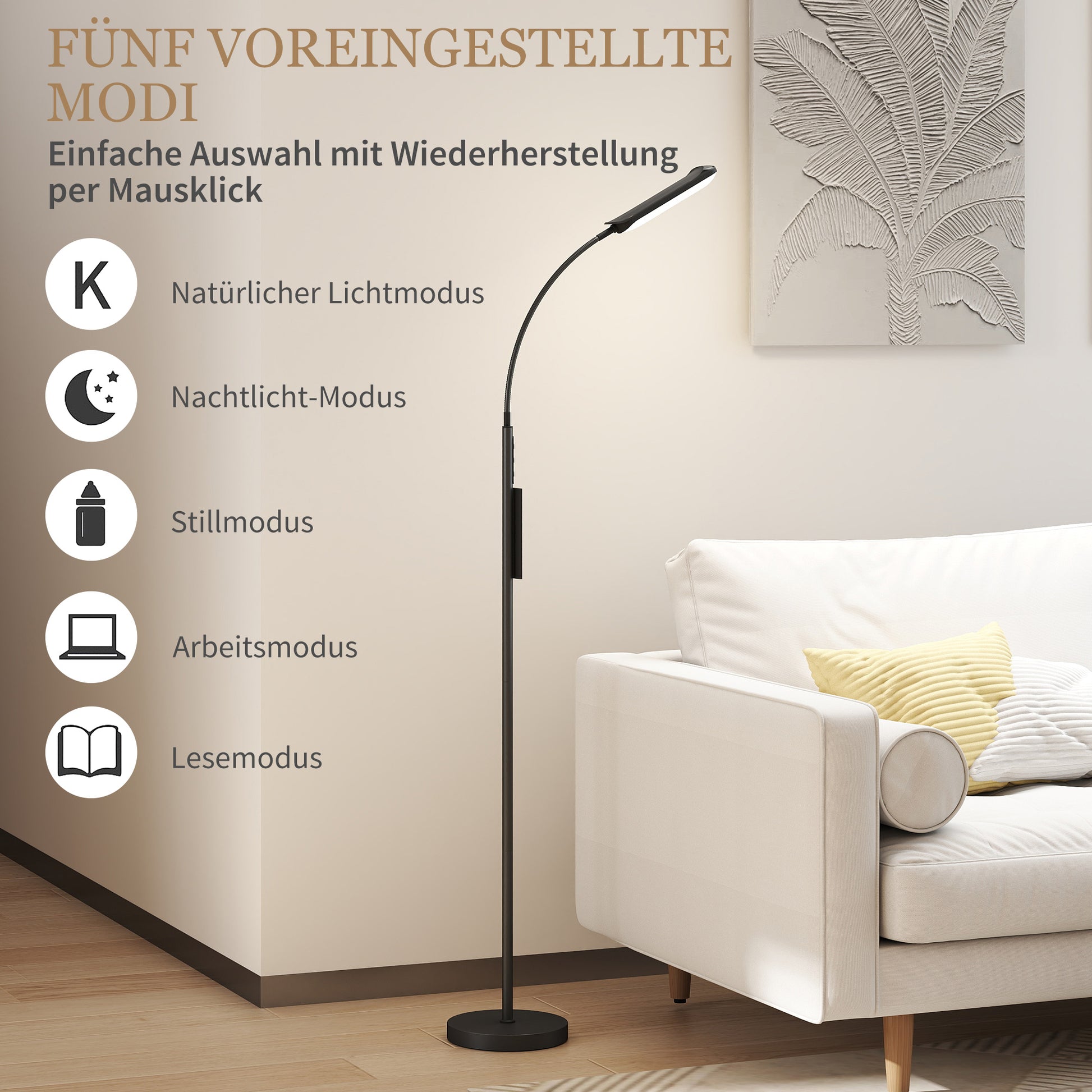 HOMCOM LED-Stehlampe, 5 Modi, Speicherfunktion, verstellbare Helligkeit, Stahl, Schwarz