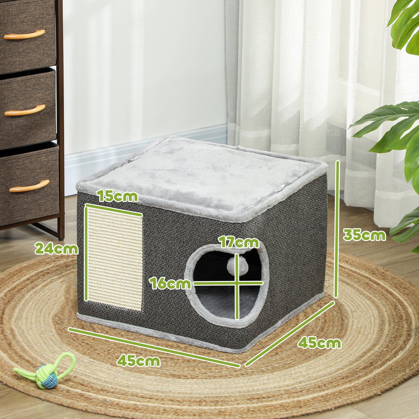 PawHut Katzenhaus mit 2 Kissen, Bett, Höhle, Kratzmatte, Spielball, kleiner Kratzbaum, Grau