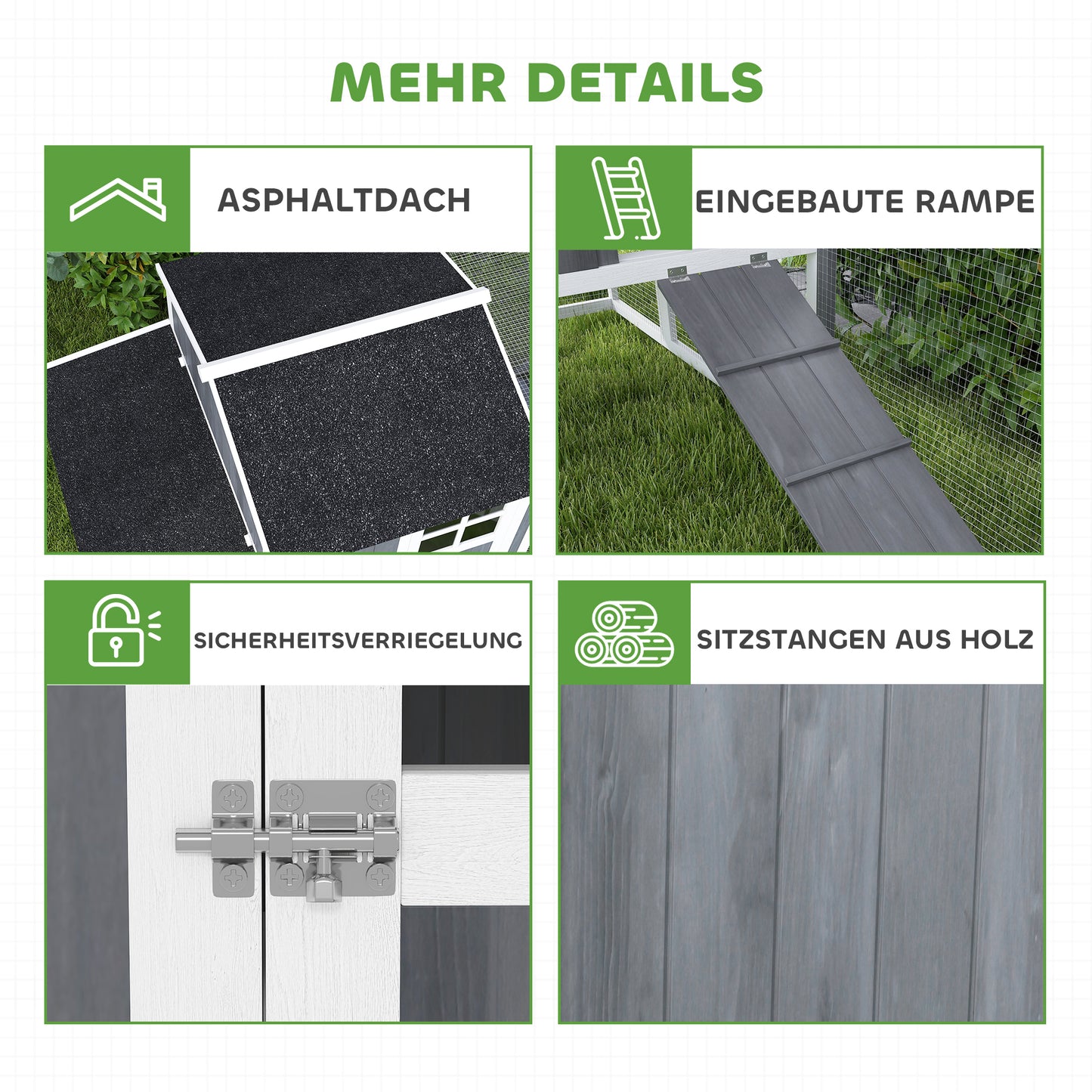 PawHut Hühnerstall mit Auslauf für 3-4 Hühner, 3-tlg. Nistkasten, 1,9 m² Fläche, Tannenholz, Grau