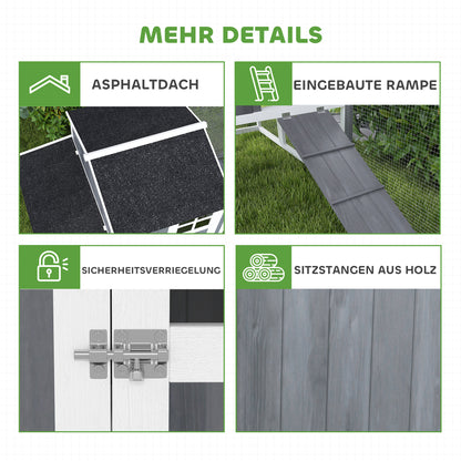 PawHut Hühnerstall mit Auslauf für 3-4 Hühner, 3-tlg. Nistkasten, 1,9 m² Fläche, Tannenholz, Grau