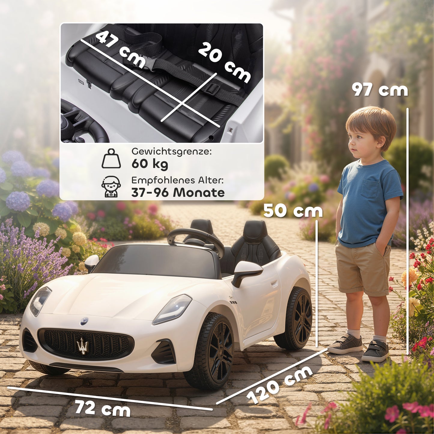 AIYAPLAY Maserati Elektroauto für Kinder, 2-Sitzer, 12V Batteriebetrieb, Fernbedienung, LED-Lichter, Musikfunktion, Weiß