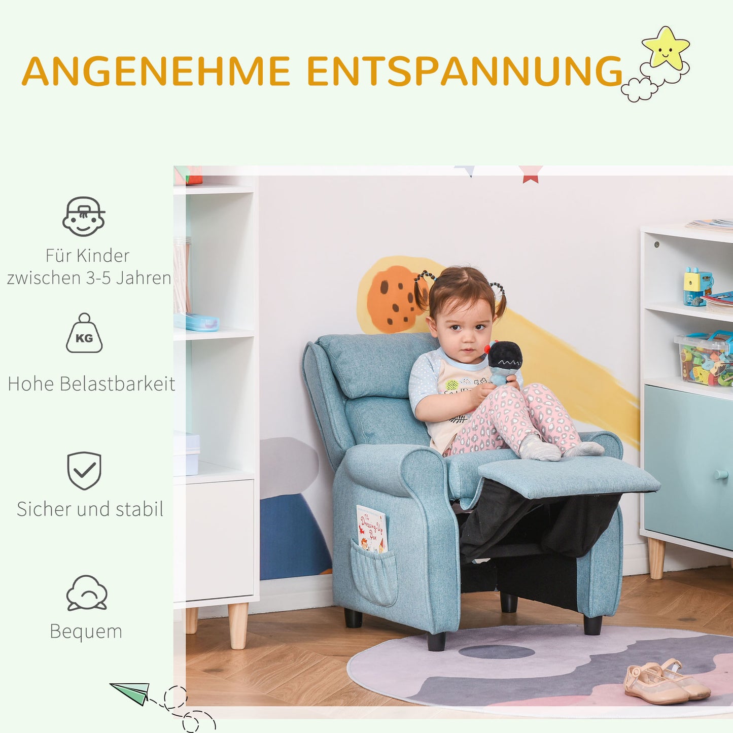 HOMCOM Kindersofa Kindercouch Kindersessel Stuhl Liegesofa verstellbar mit Fußstütze für 3-5 Jahre Jungen und Mädchen Blue 58 x 53 x 70 سم