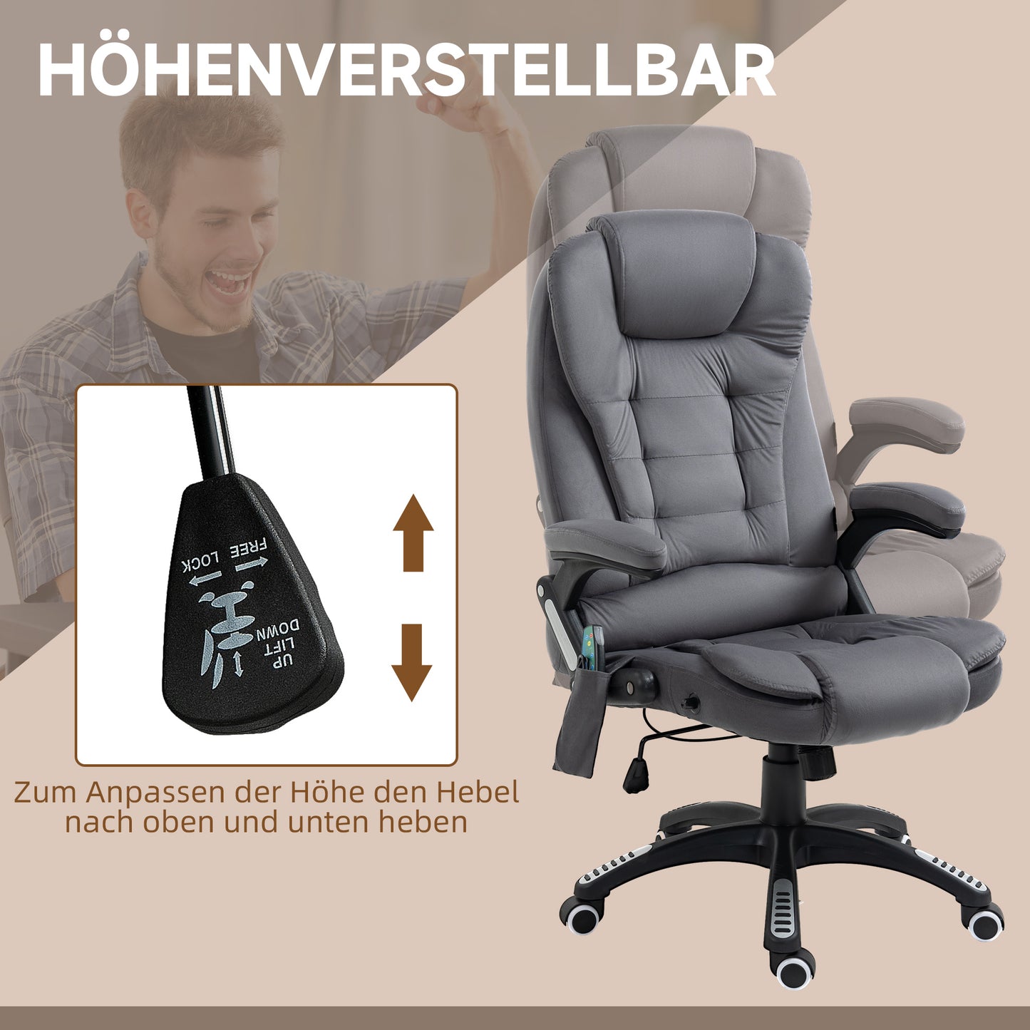 Vinsetto Bürostuhl mit Massage- & Wärmefunktion, ergonomisch, höhenverstellbar, Dunkelgrau