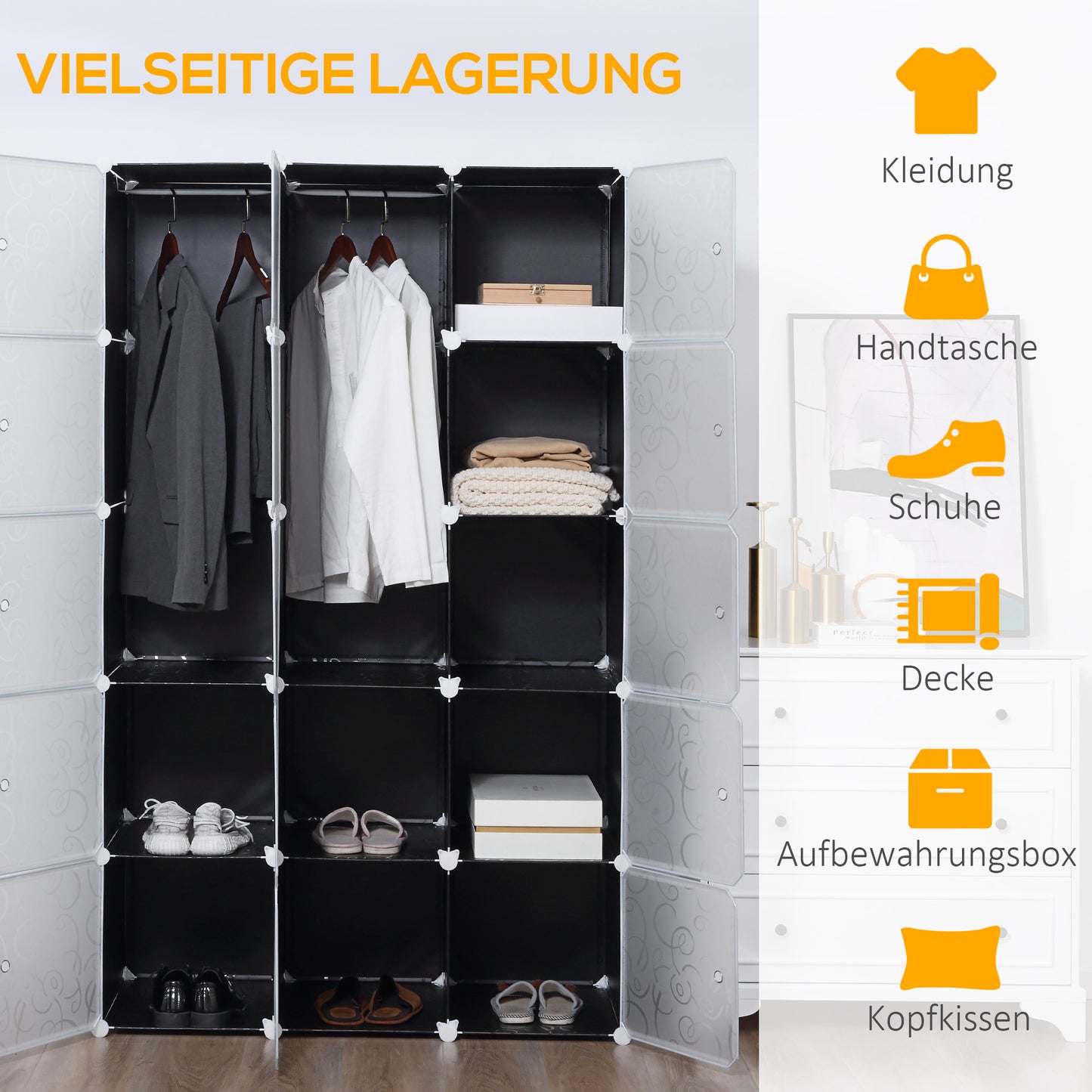 HOMCOM Kleiderschrank im Würfeldesign, 2 stora och 9 små Würfel, Kunststoff, Metall, 111L x 47B x 183H cm, Schwarz+Weiß