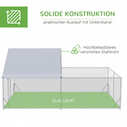 PawHut Zwerghühnerstall, wetterbeständig, begehbarer Stall, Stahlgitter, 400 cm x 300 cm x 195 cm, Silber