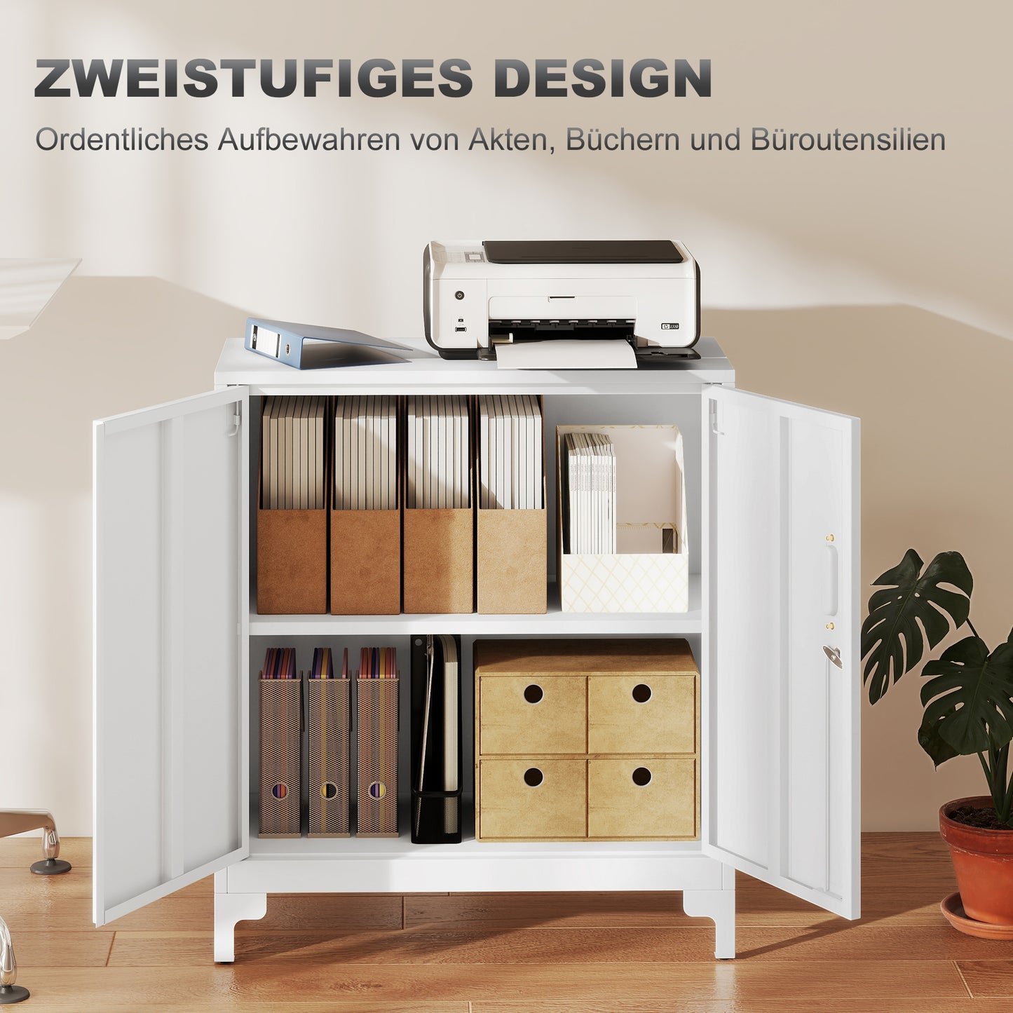 HOMCOM Büroschrank aus Metall, verschließbare Türen, Bürokommode, 2-stufiges Design, Weiß