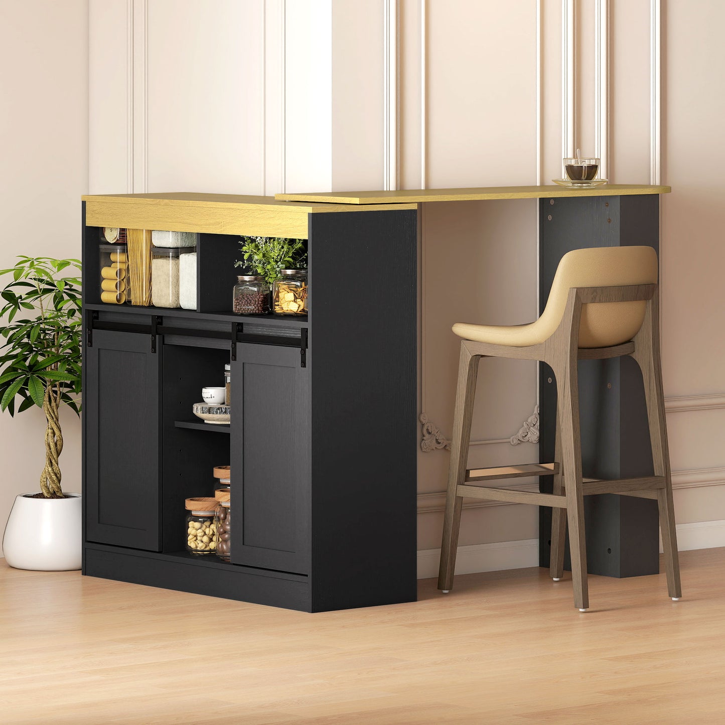 HOMCOM Ausziehbarer Bartisch, zu L-Form umwandelbar, viel Stauraum, 3 verstellbare Regale, Spanplatte, MDF, Schwarz