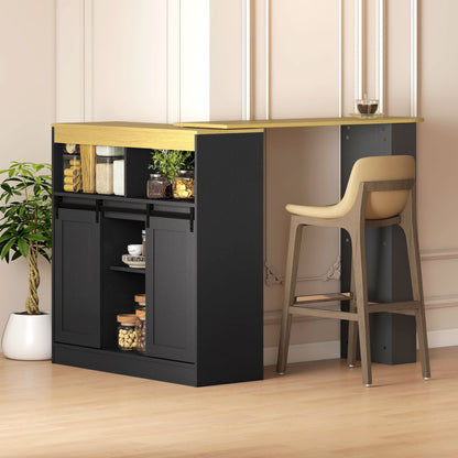 HOMCOM Ausziehbarer Bartisch, zu L-Form umwandelbar, viel Stauraum, 3 verstellbare Regale, Spanplatte, MDF, Schwarz