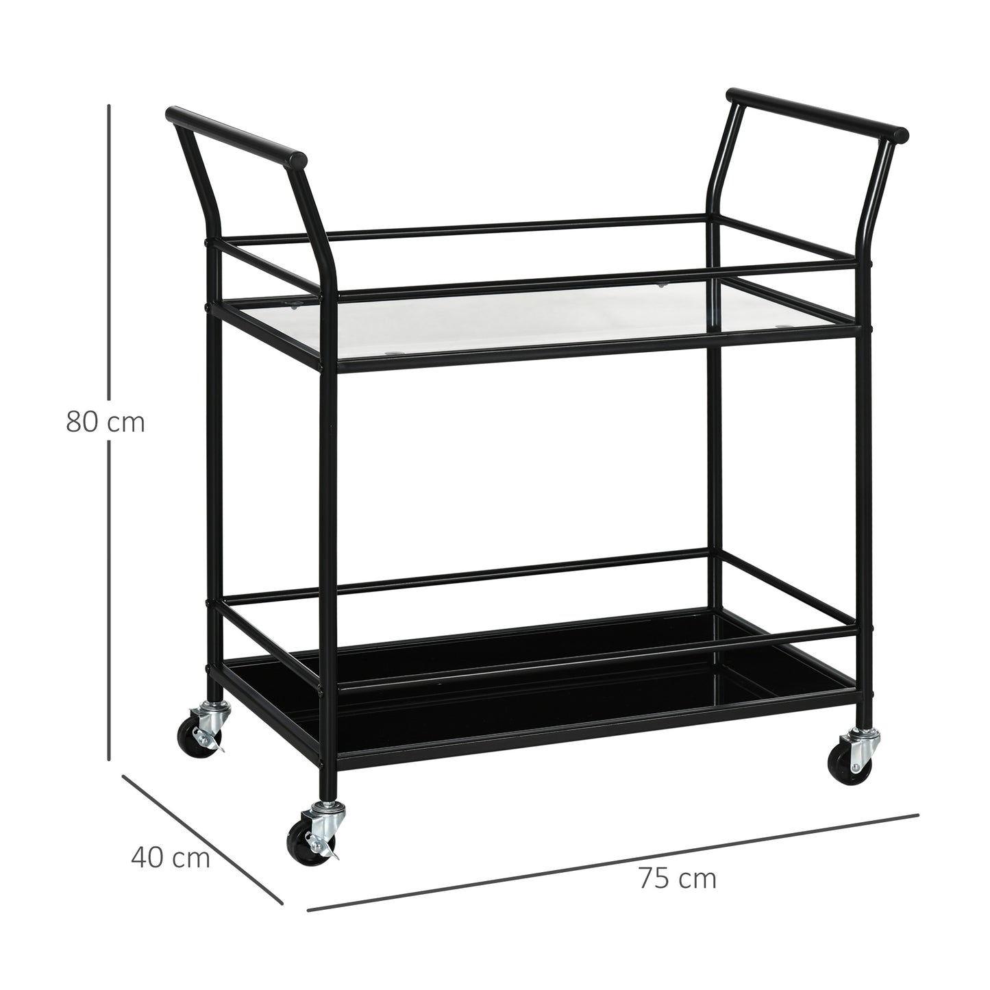 HOMCOM Küchenwagen mit 4 Rollen, 2 Ablagen und Griffen, 75 cm x 40 cm x 80 cm, Schwarz