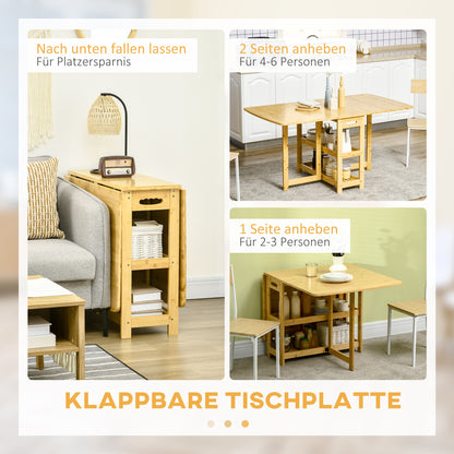 HOMCOM Klapptisch, Esstisch, zwei klappbare Seiten, zwei Ablagen, verstellbare Füße, Bambus, 149,5 x 80 x 73,5cm