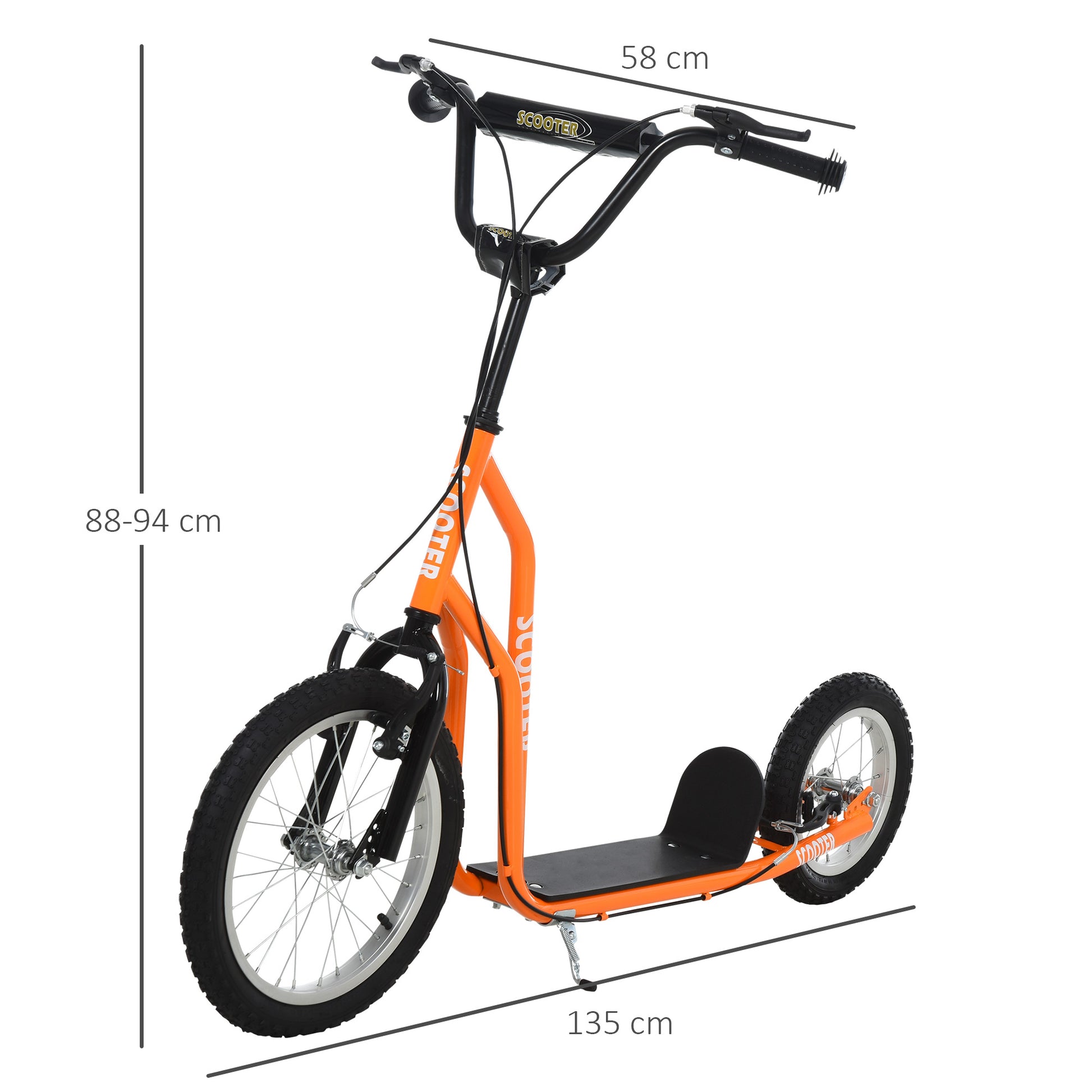 HOMCOM Kinderroller ab 5 jahre Scooter Tretroller Cityroller Kinder Roller Kickboard mit Luftreifen16/12 Zoll Orange 135 x 58 x 88-94 cm