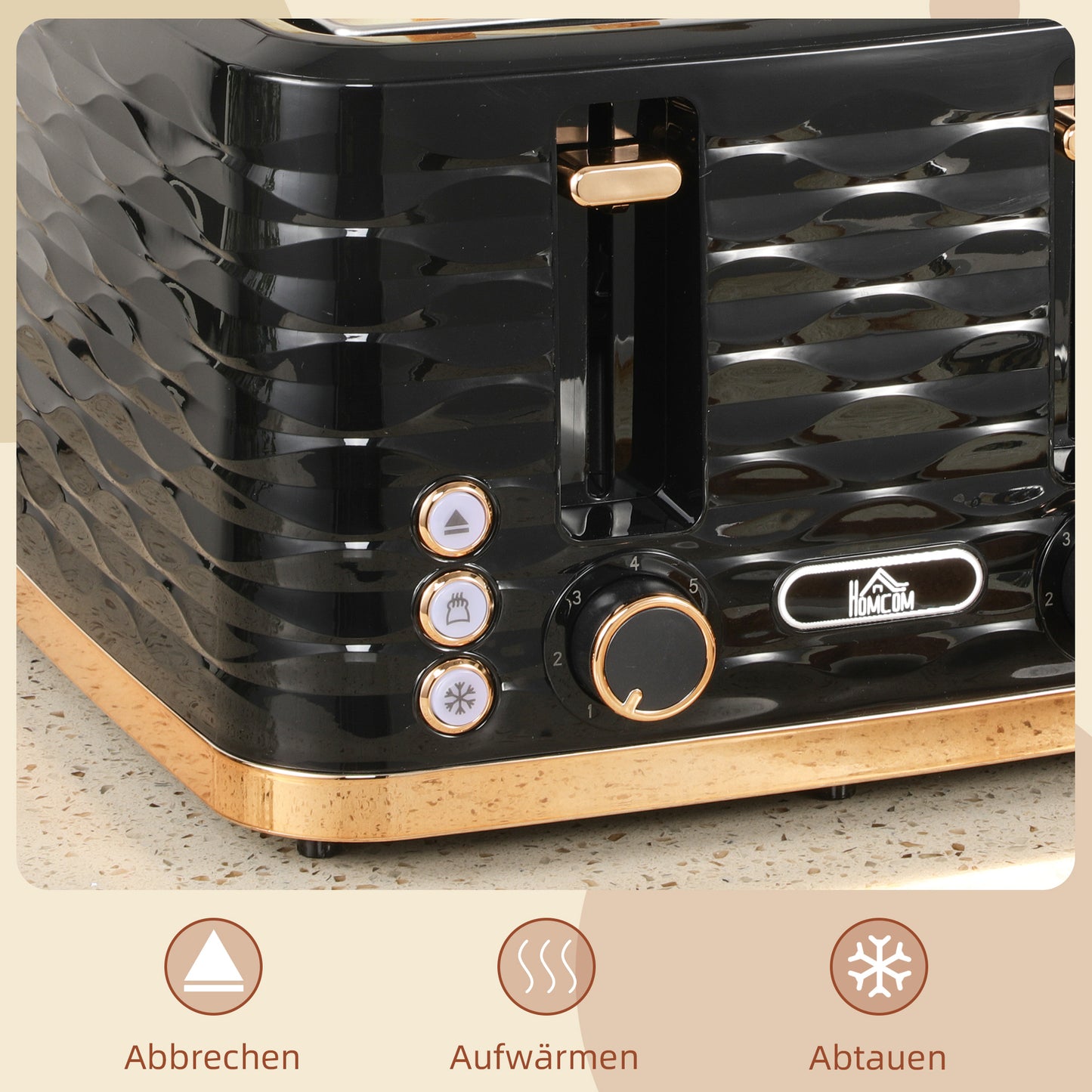 HOMCOM 4-Scheiben-Toaster, wellenförmiges Design, mehrere Funktionen, Krümelfach, Schwarz