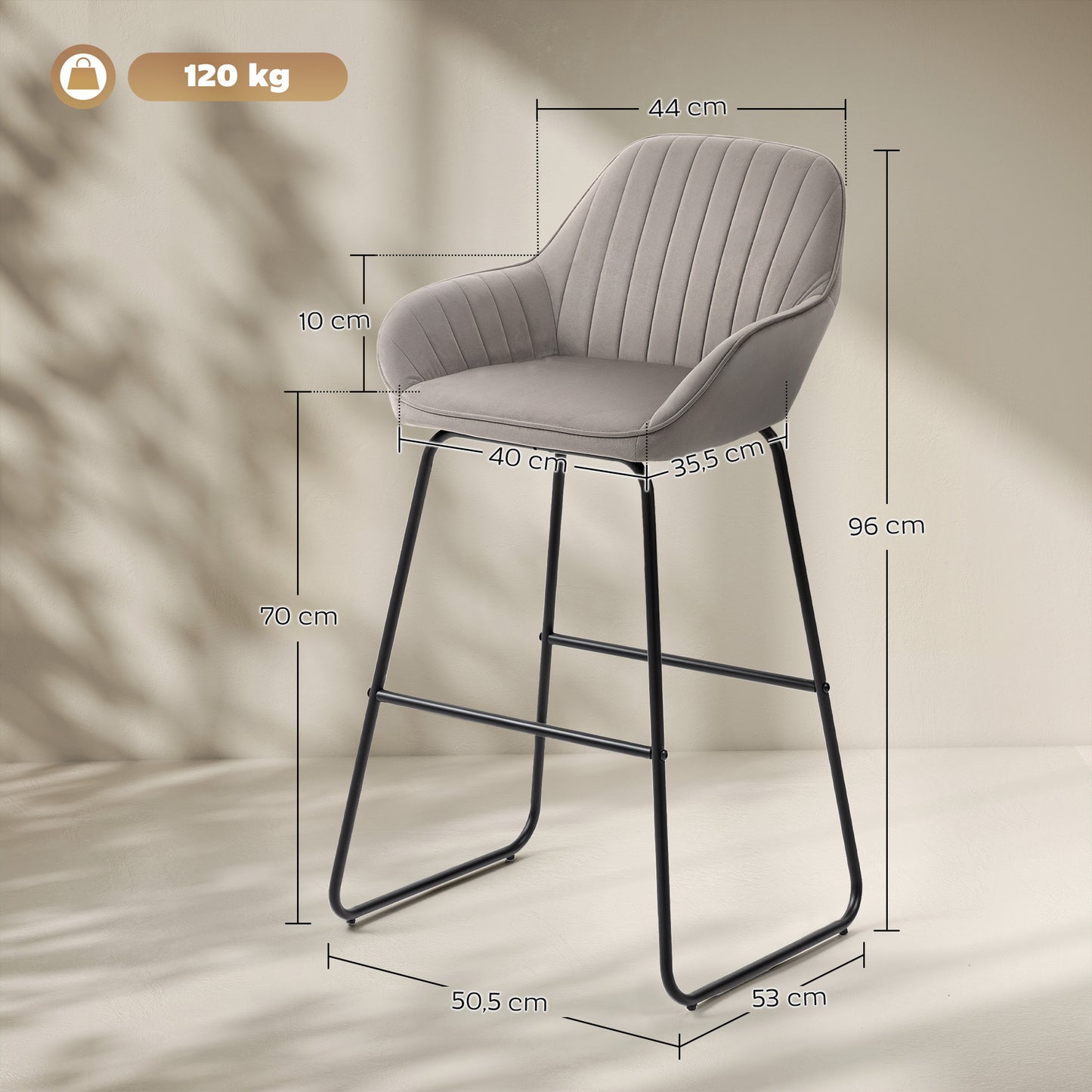 HOMCOM 2er-Set Barstühle، Barhocker mit Stoffbezug und Schaumstoffpolsterung، Polsterhocker mit Metallbeinen، Grau