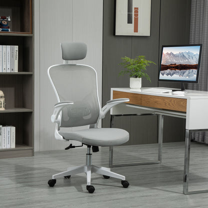 Vinsetto Bürostuhl ergonomischer Shreibtischstuhl mit Wippfunktion hoher Rückenlehne Lendenwirbelstütze Kopfstütze hochklappbarem Arm Home-Office Grau 65 x 64 x 114-122 cm