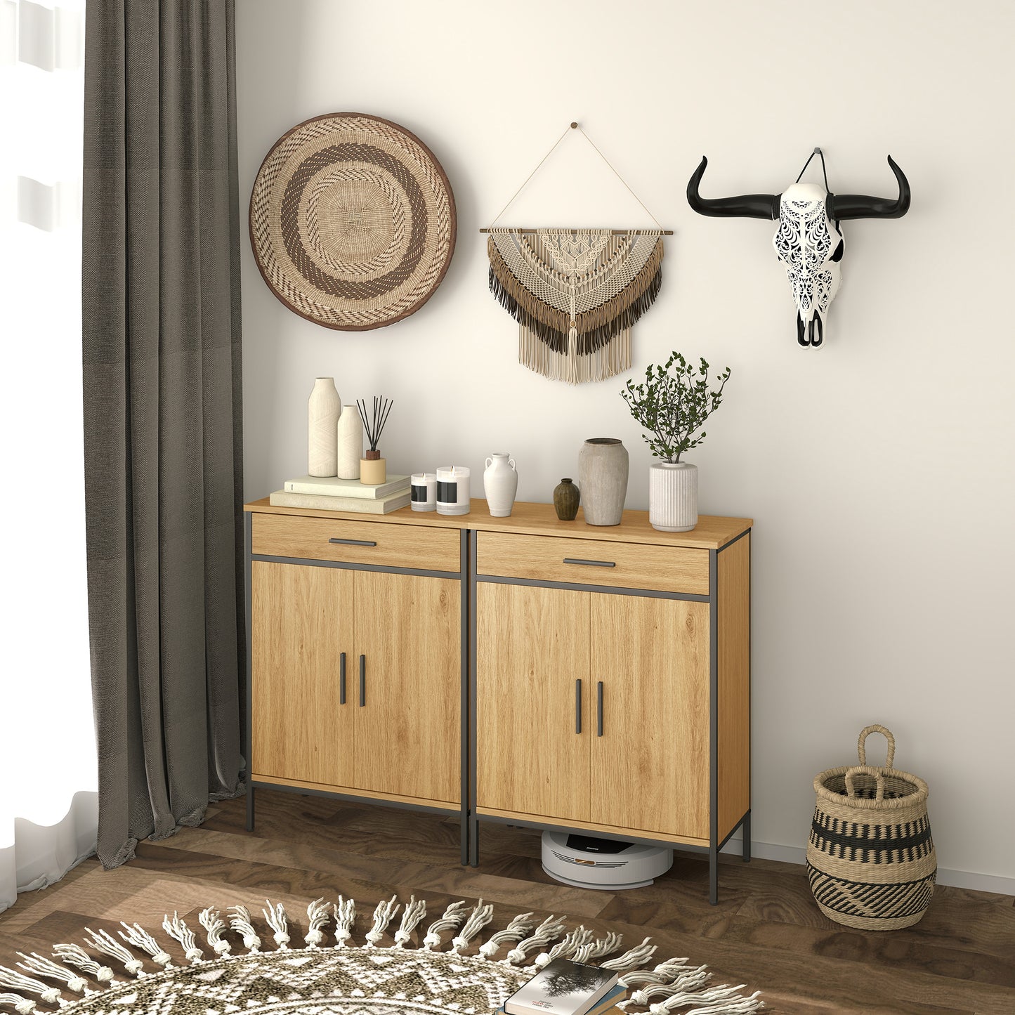 HOMCOM Badezimmerschrank, zweistufige Regale, große Schublade, Industriestil, Eichenoptik