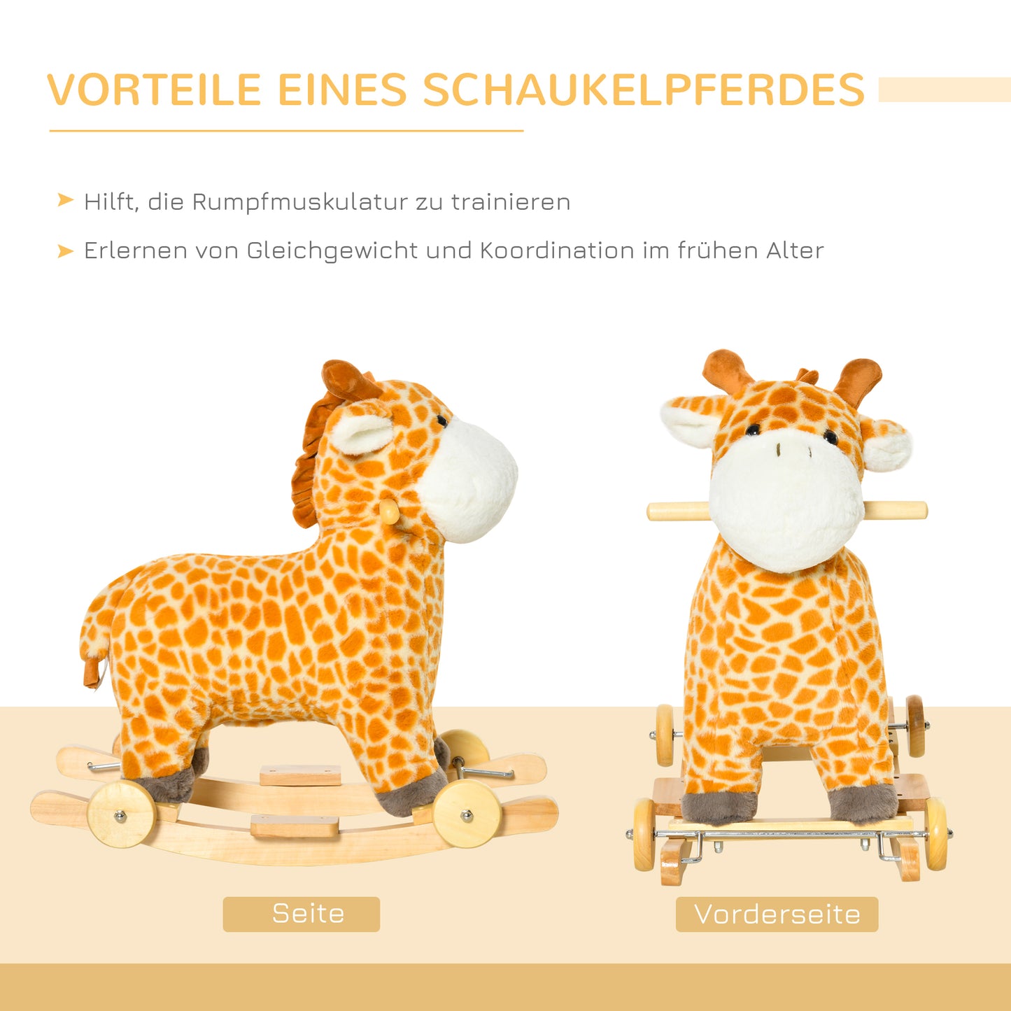 HOMCOM 2-IN-1 Schaukeltier Giraffen mit Sound Effekt, Räder , Haltegriffen Plüsch Baby Schaukelspielzeug Schaukel Schaukelsitz für Kleinkinder 3-6 Jahre