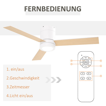 HOMCOM Deckenventilator mit LED-Licht, 2-in-1 Design, mit Timer, Fernbedienung, Deckenlampe mit Ventilator, Weiß+Naturholz