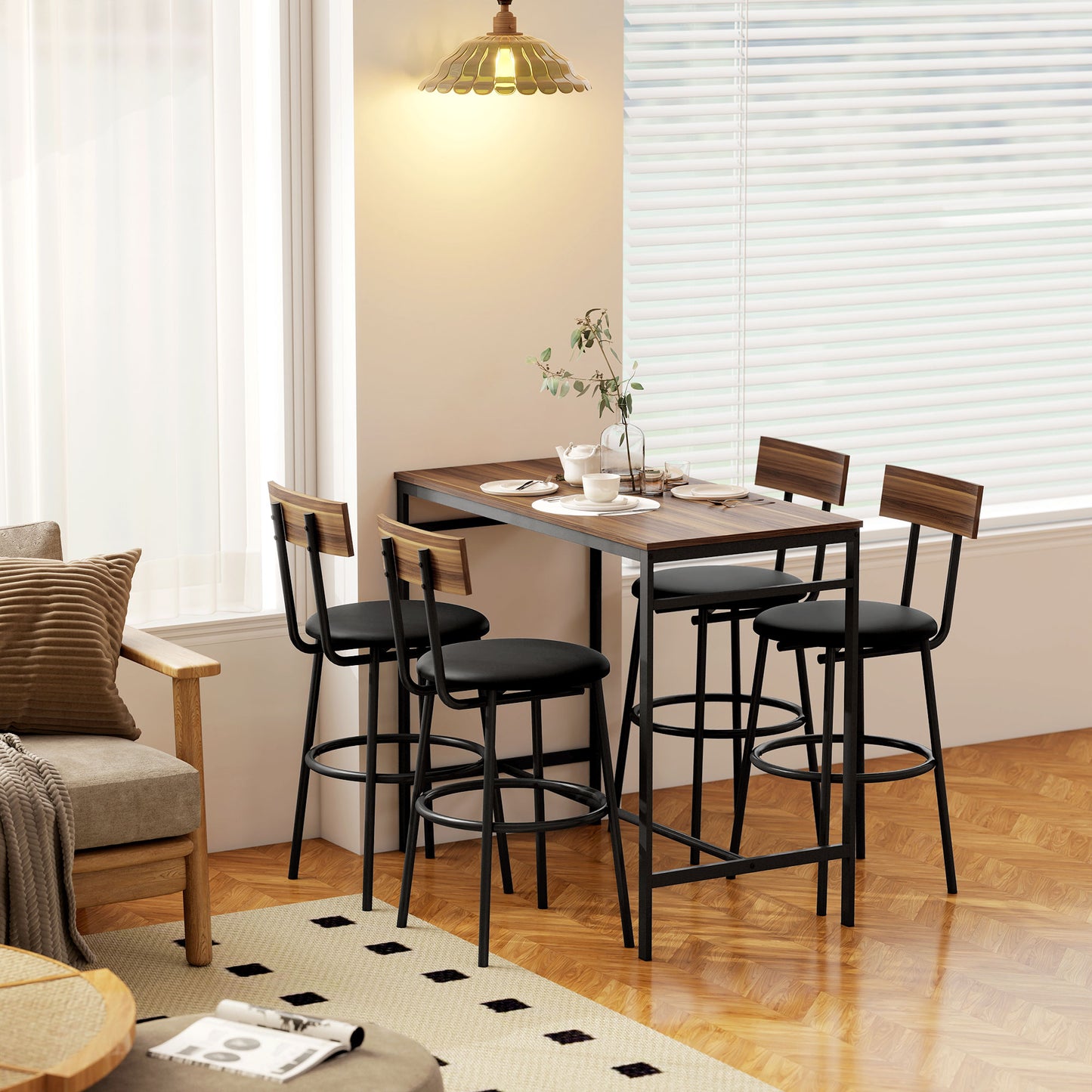 HOMCOM 5-teiliges Bartisch-Set mit 4 Stühlen, Industrielles Design, für Küche, Esszimmer, Holz, Stahl, Braun