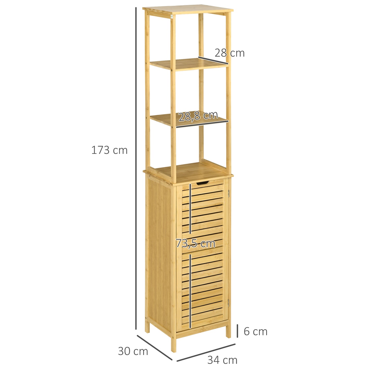 kleankin Badschrank, Hochschrank, drei Regalböden, ein Schrankfach mit Lamellentür, Kippschutz, Bambus, 34 x 30 x 173cm