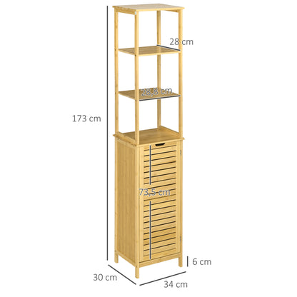 kleankin Badschrank, Hochschrank, drei Regalböden, ein Schrankfach mit Lamellentür, Kippschutz, Bambus, 34 x 30 x 173cm