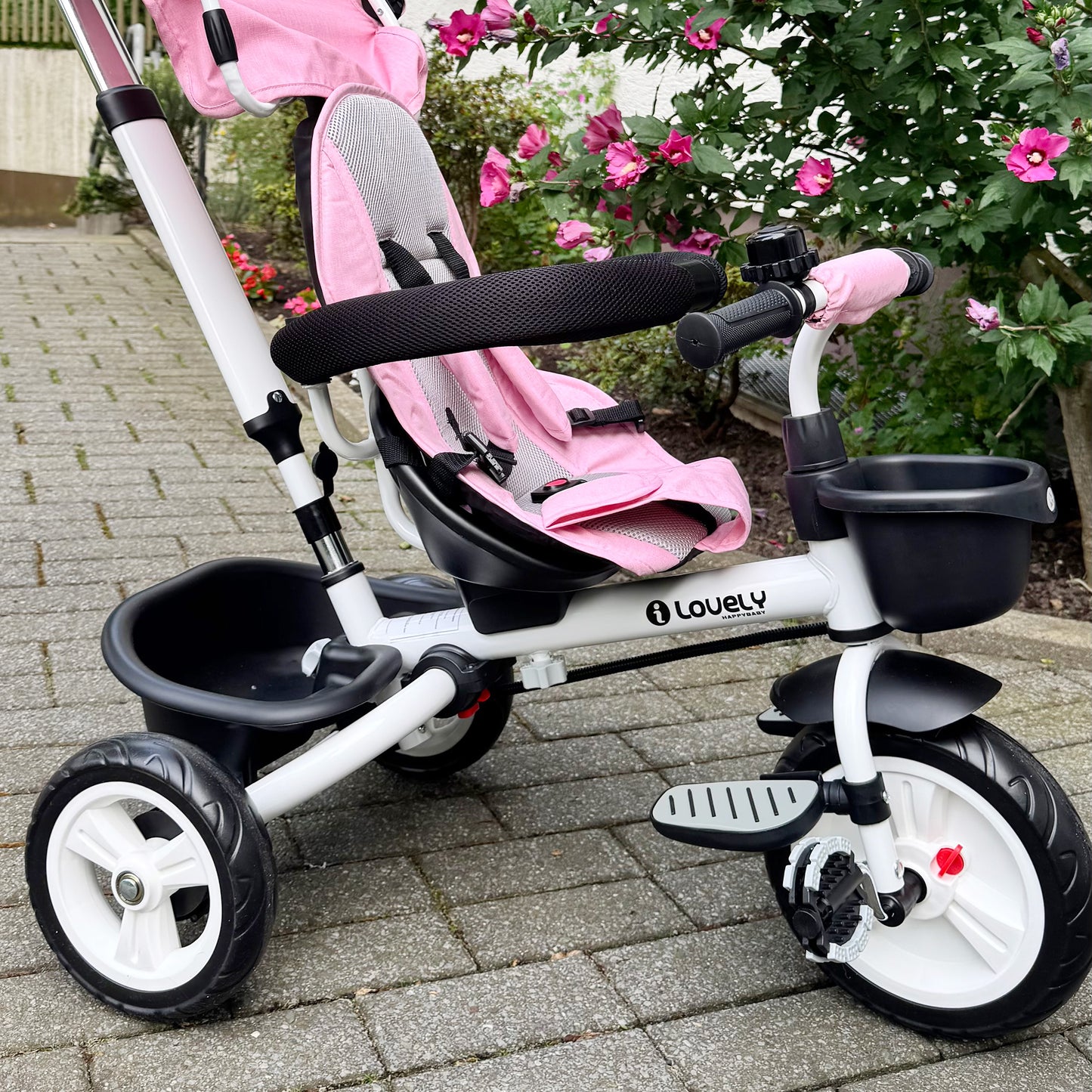 HOMCOM 6-in-1 Kinderdreirad mit Schiebestange, Dach, Gurt, Ablagekorb, 18+ Monate, Rosa