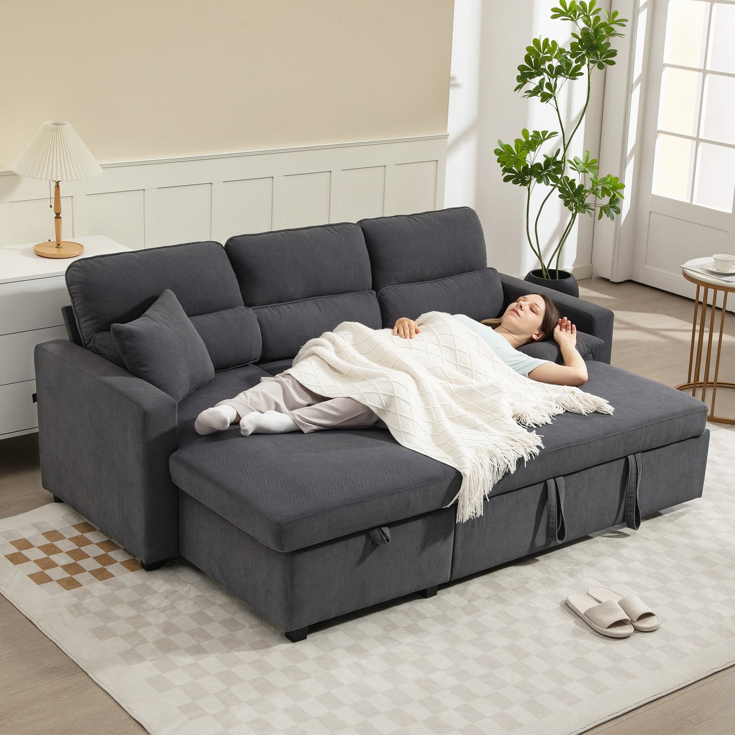 HOMCOM Verstellbares Bettsofa, L-förmiges Gästesofa mit Bettfunktion, Stauraum, Kissen, für Wohnzimmer, Gästezimmer, Dunkelgrau