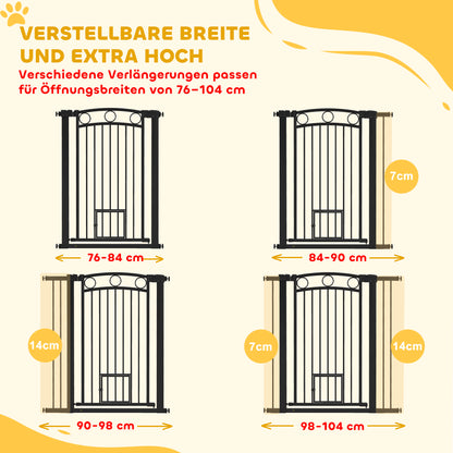 PawHut 106 cm hohes Haustiergitter mit anpassbarer Breite, integrierte Katzentür, für Treppen und Türrahmen, Schwarz
