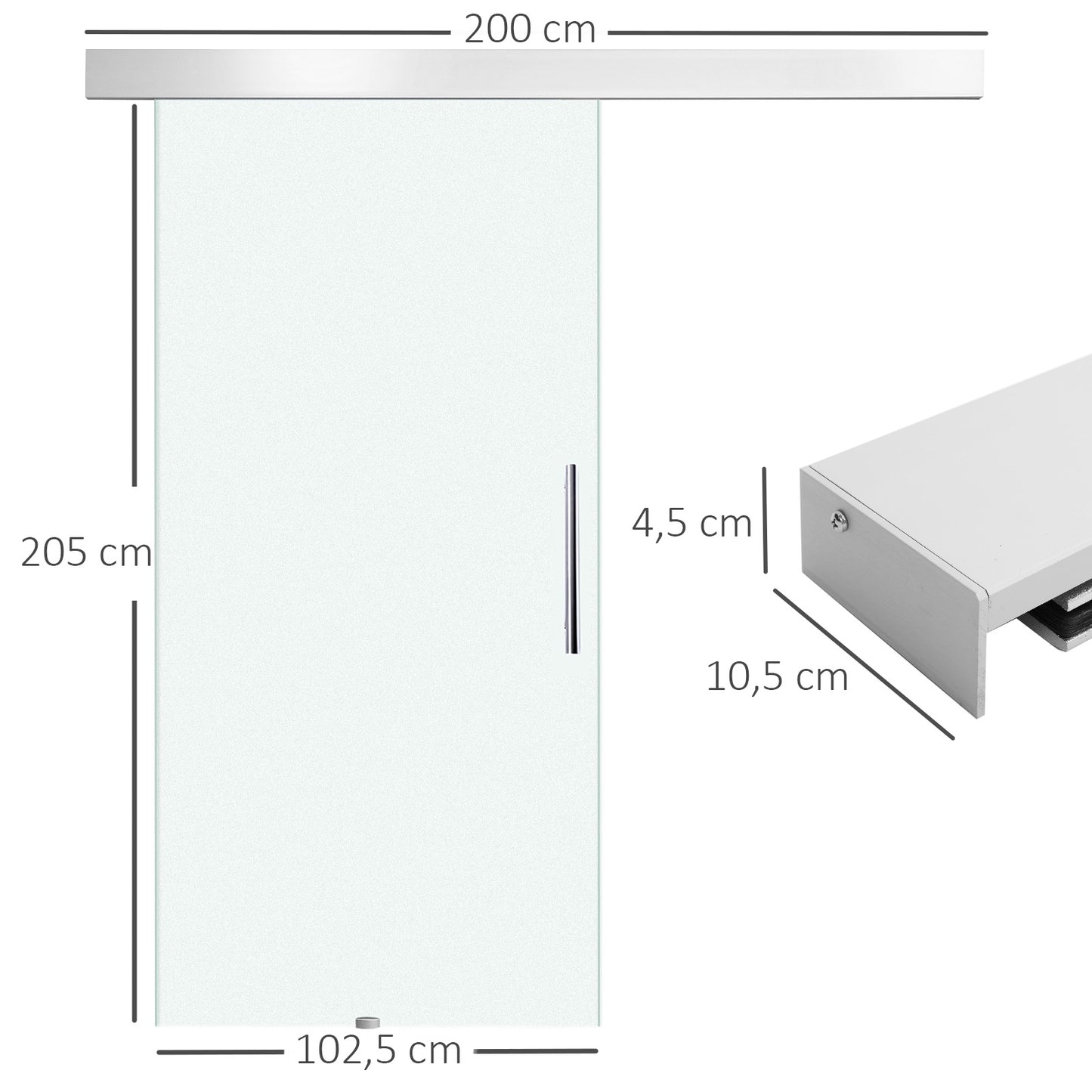 HOMCOM Glasschiebetür mit Griffstange, einseitig satiniert, 102,5 x 205 cm