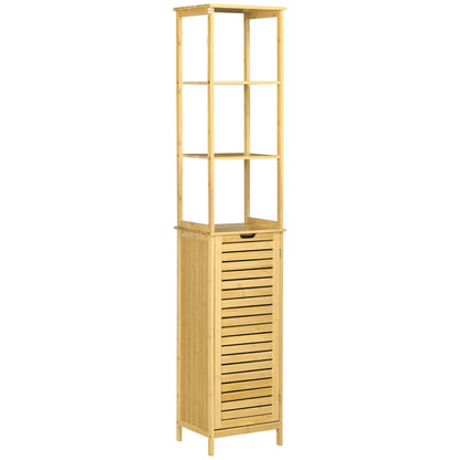 kleankin Badschrank, Hochschrank, drei Regalböden, ein Schrankfach mit Lamellentür, Kippschutz, Bambus, 34 x 30 x 173cm