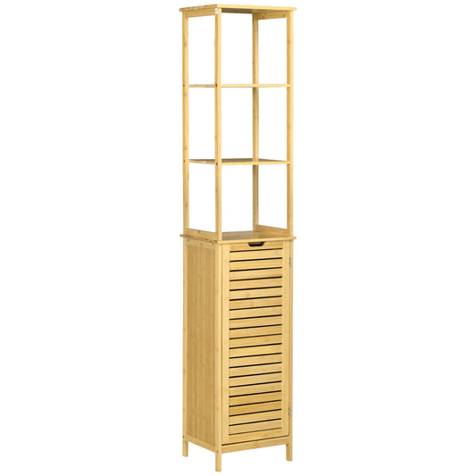 kleankin Badschrank, Hochschrank, drei Regalböden, ein Schrankfach mit Lamellentür, Kippschutz, Bambus, 34 x 30 x 173cm