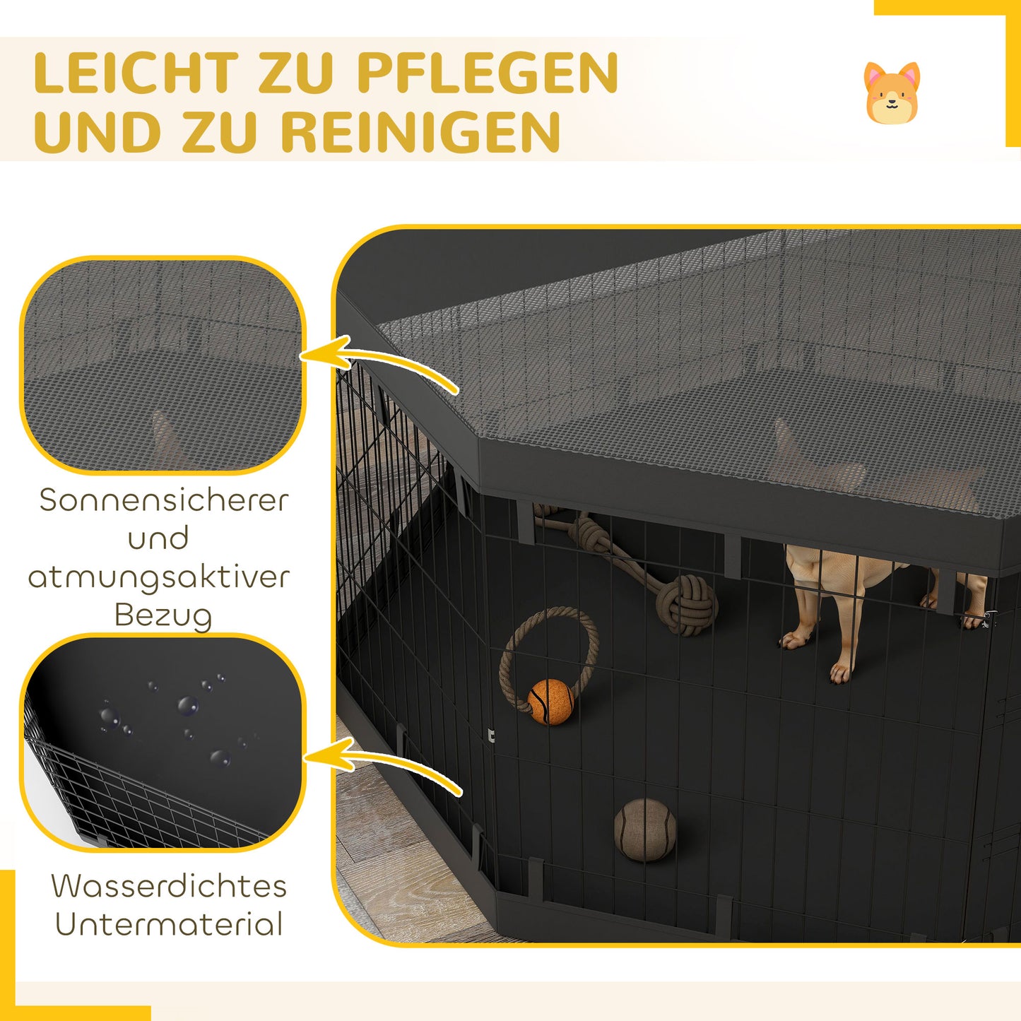 PawHut Welpenauslauf, 76 cm hoch/ca. 2,5 m², 8 Paneele, Bodenplane, Kombi-Dachplane