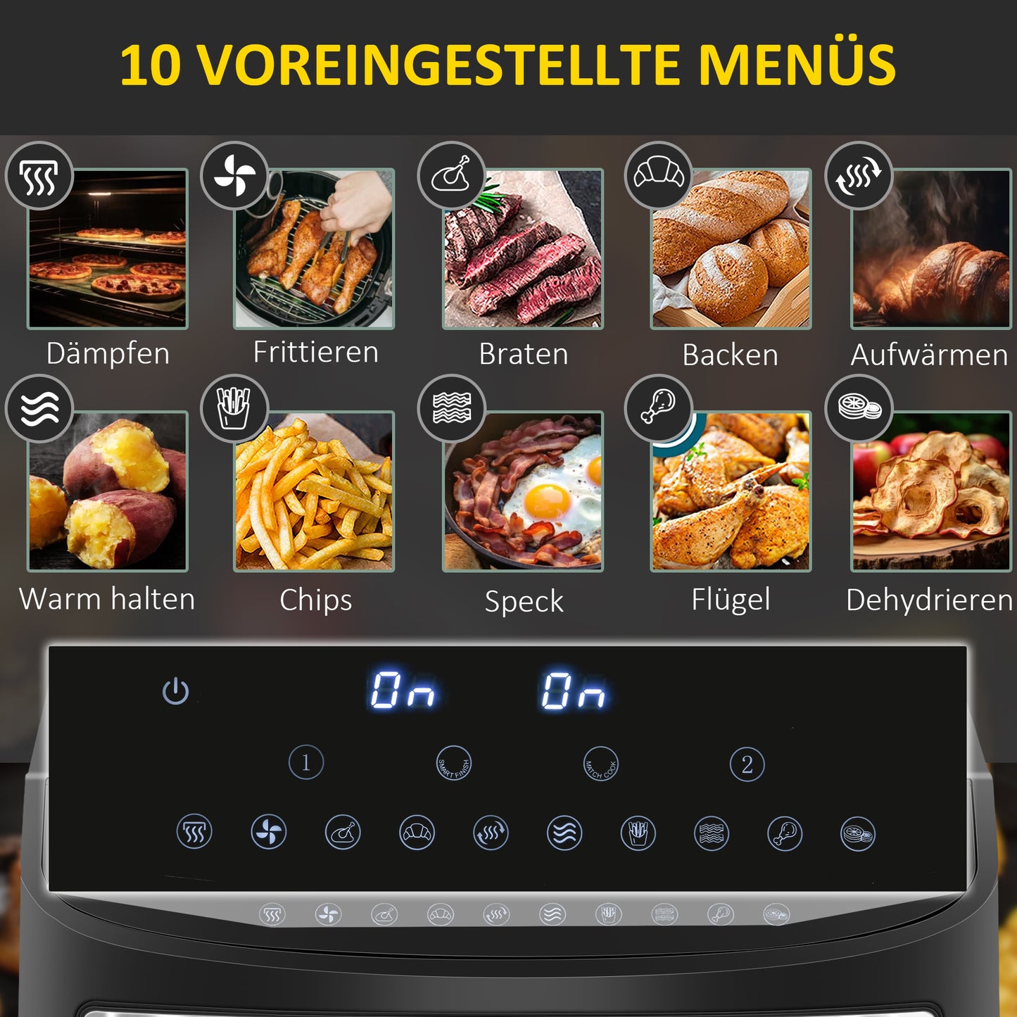HOMCOM Heißluftfritteuse Multifunktionale Heißluftfritteuse, 8 L Fassungsvermögen, 2 Körbe, 60 min Time, Silber + Schwarz
