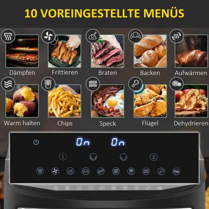 HOMCOM Heißluftfritteuse Multifunktionale Heißluftfritteuse, 8 L Fassungsvermögen, 2 Körbe, 60 min Time, Silber + Schwarz