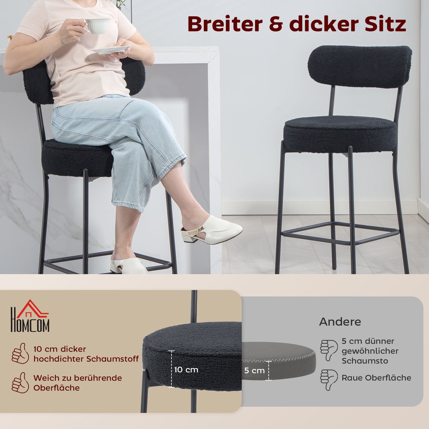 HOMCOM 2er-Set Barstühle mit Polstersitz und Fußstütze، Fleece-Bezug، Metallrahmen، Schwarz