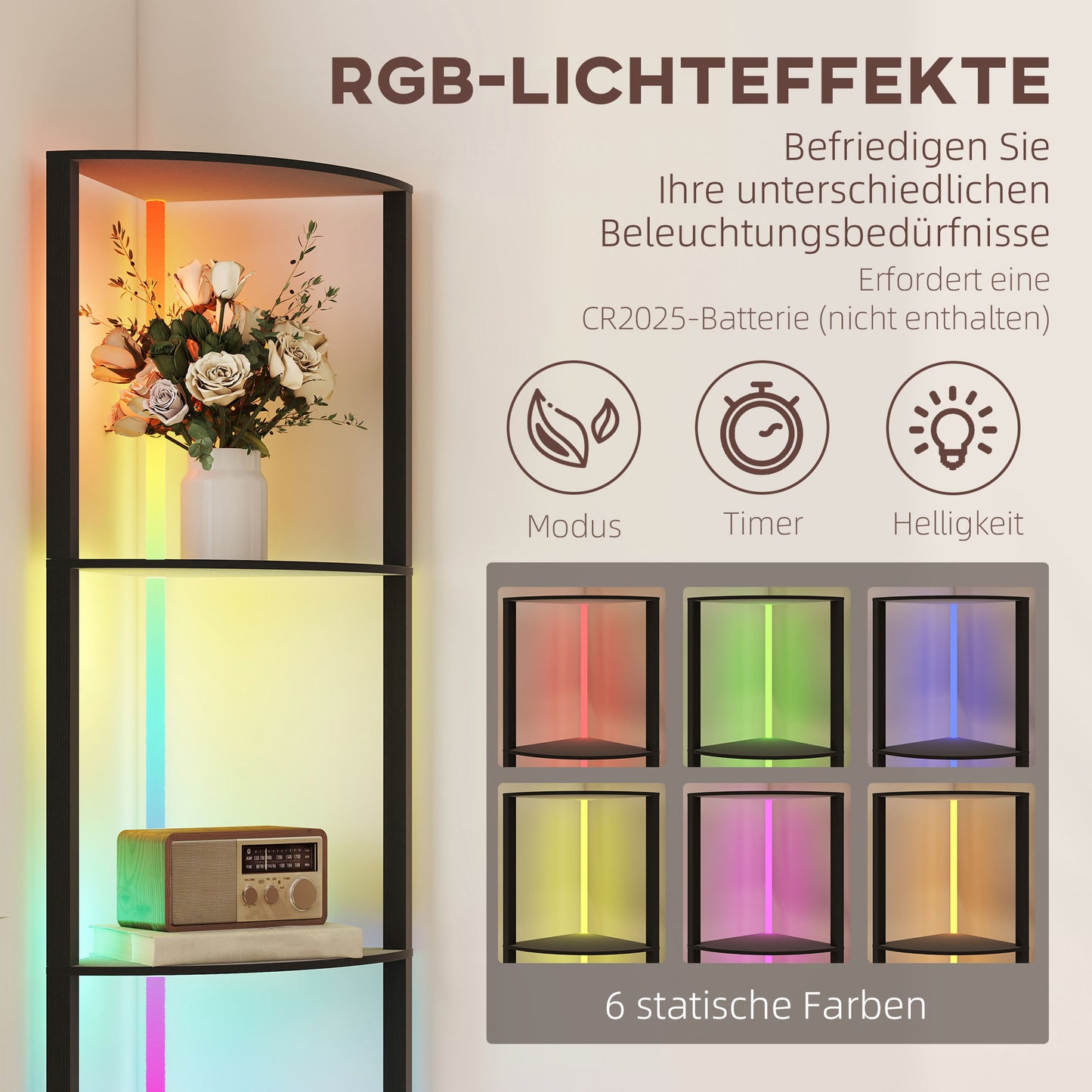 HOMCOM LED Stehlampe 5-stufige dimmbar Stehleuchte mit Regal, RGB Farbwechsel, Fernbedienung