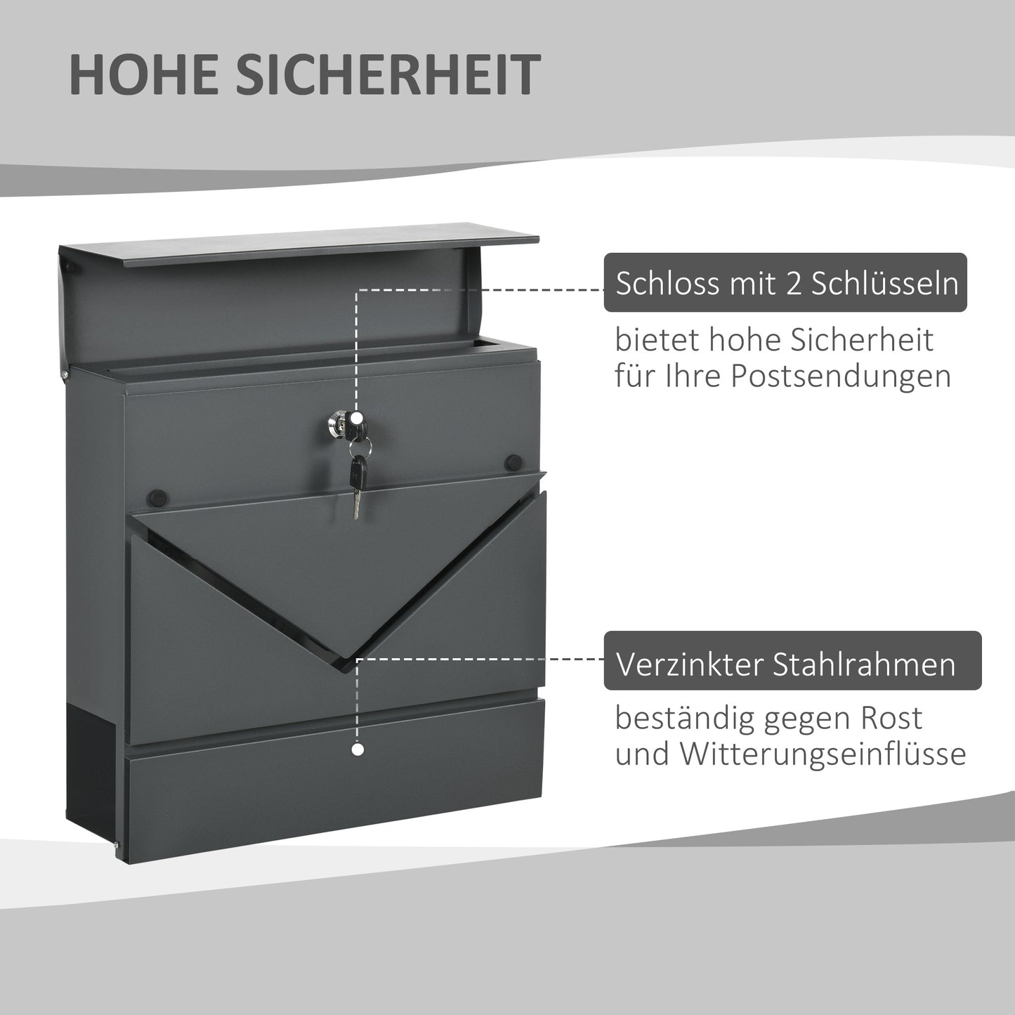 HOMCOM Briefkasten mit Deckel, 2 untere Abflusslöcher, Stahl, mit Schloss, Grau