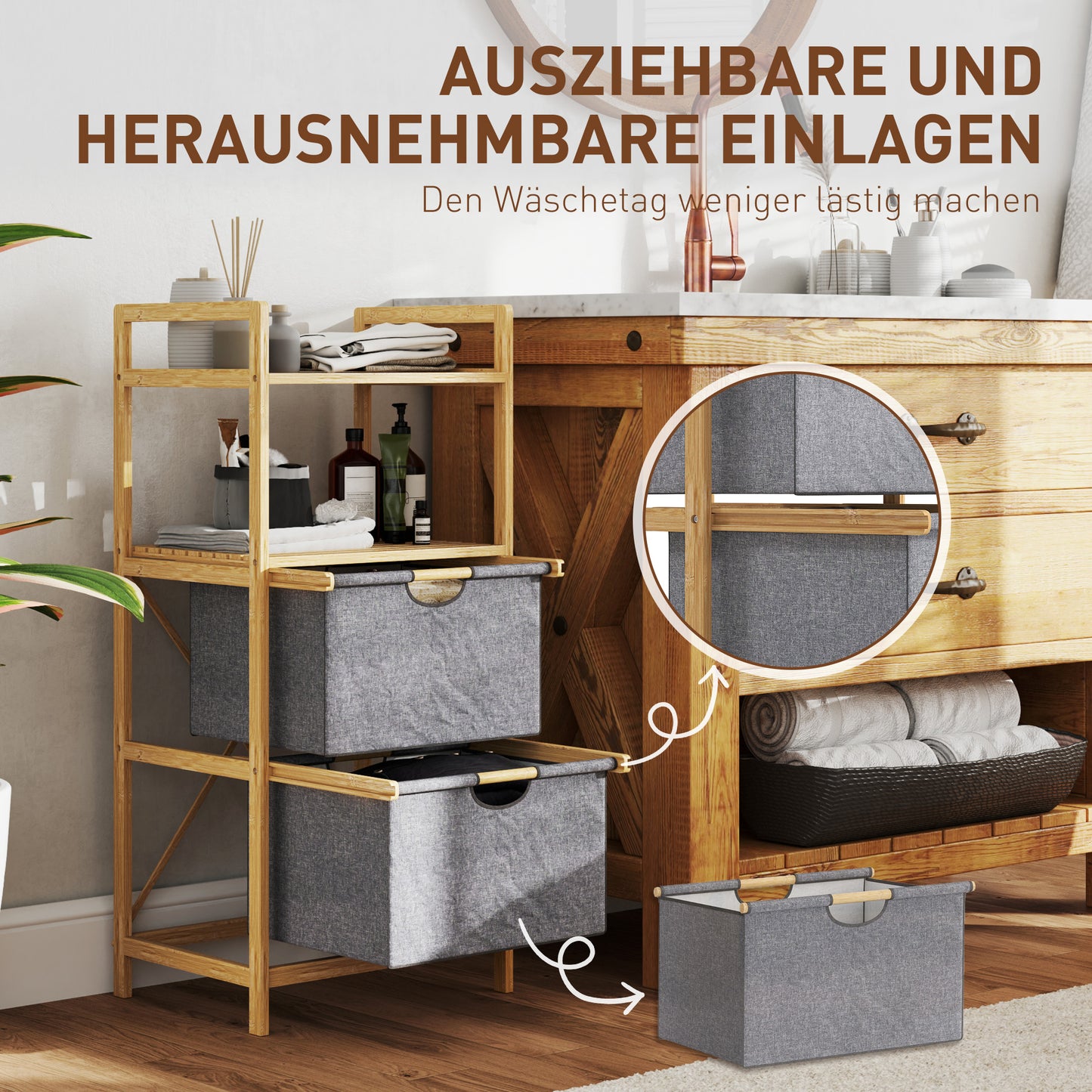 HOMCOM Bambus-Wäscheregal, mit 2 Wäschekörben aus Stoff, offene Ablagen, platzsparend, Naturholz