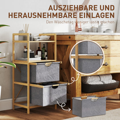HOMCOM Bambus-Wäscheregal, mit 2 Wäschekörben aus Stoff, offene Ablagen, platzsparend, Naturholz