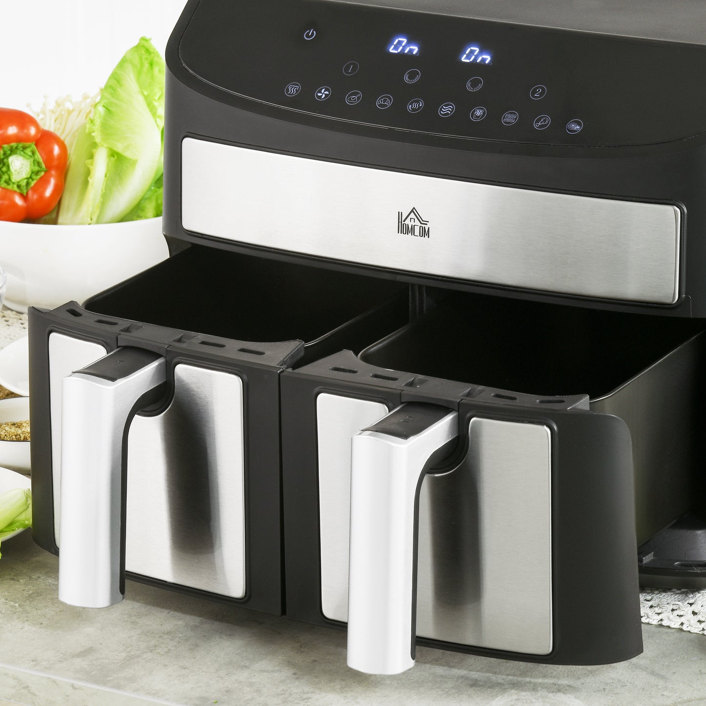 HOMCOM Heißluftfritteuse Multifunktionale Heißluftfritteuse, 8 L Fassungsvermögen, 2 Körbe, 60 min Time, Silber + Schwarz
