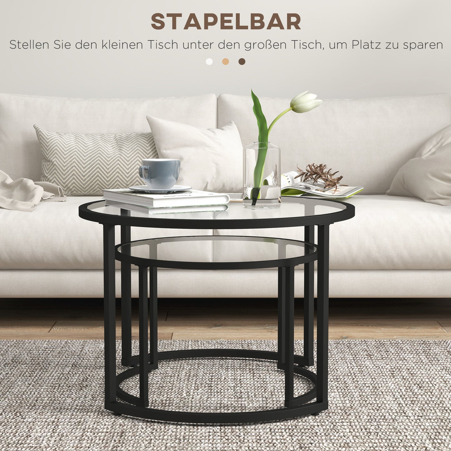 HOMCOM 2er-Set Beistelltische Couchtische Industrie-Design, Glastische, stapelbar, Schwarz + Transparent