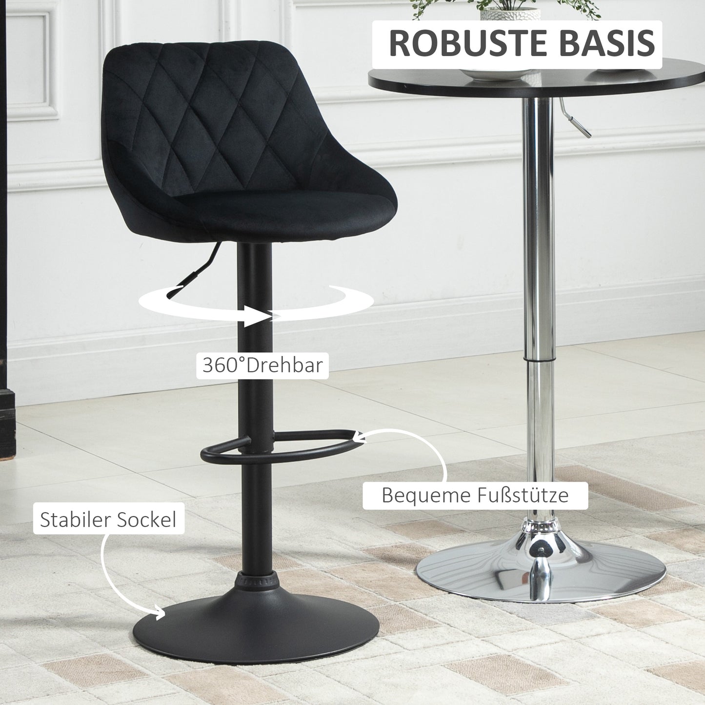 HOMCOM Barhocker 2er Set, Gepolstert Barstuhl mit Stahlgestell, Lehne, Samtoptik, Höhenverstellbar Küchenstühle mit Fußstütze 360° Drehbar Tresenhocker für Küche, Wohnzimmer, Esszimmer Schwarz