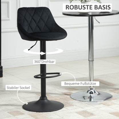 HOMCOM Barhocker 2er Set, Gepolstert Barstuhl mit Stahlgestell, Lehne, Samtoptik, Höhenverstellbar Küchenstühle mit Fußstütze 360° Drehbar Tresenhocker für Küche, Wohnzimmer, Esszimmer Schwarz