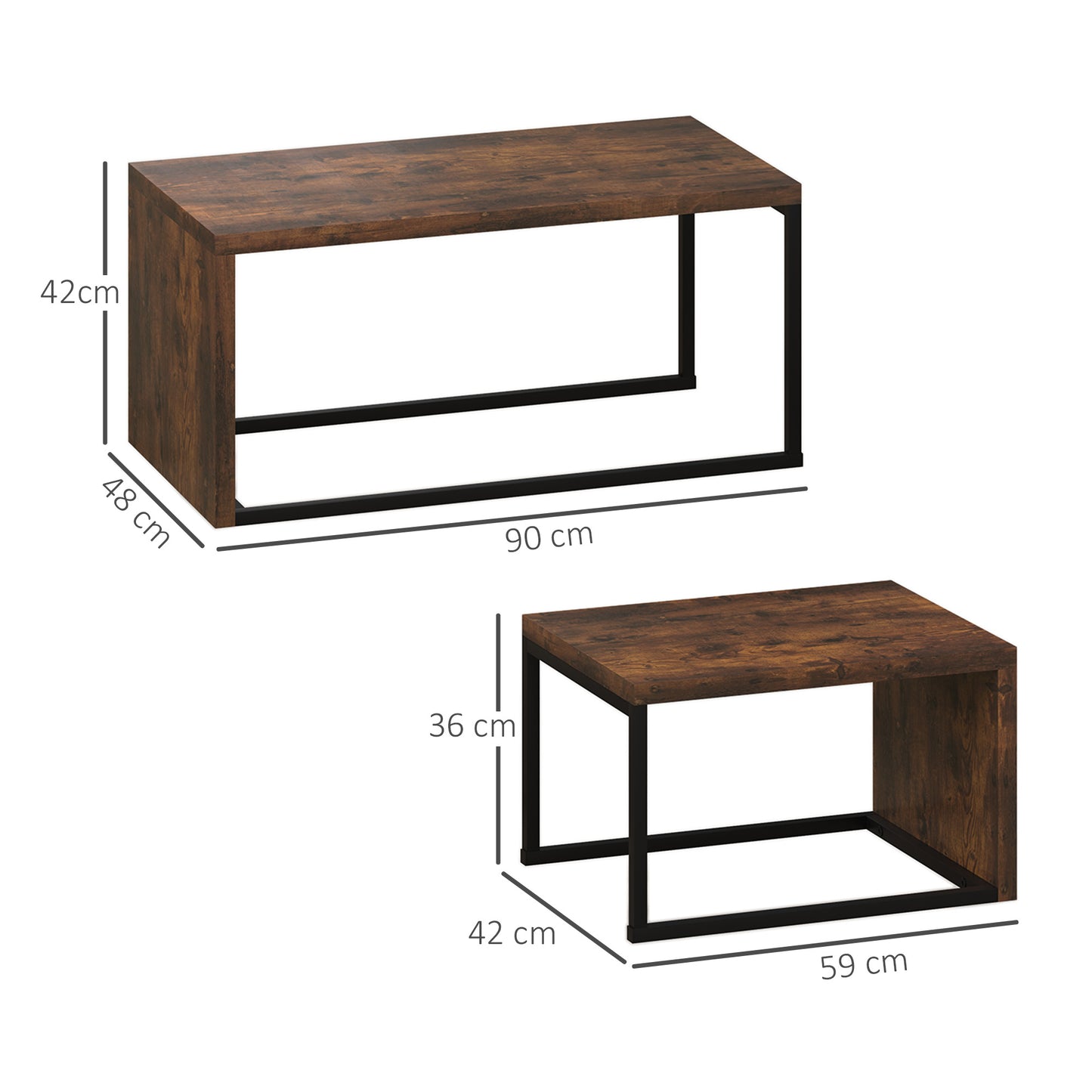 HOMCOM 2er-Set Couchtisch, Sofatisch, Beistelltisch, MDF, Metall, 90 x 48 x 42 cm/59 x 42 x 36 cm, Schwarz+Braun