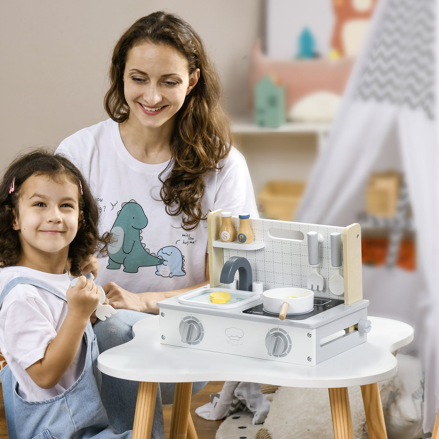 AIYAPLAY Kinderküchen-Set, 10-teilig, mit Gewürzflaschen, Topf, Ei, Fisch, 36x21,5x25 cm, Grau/Gelb