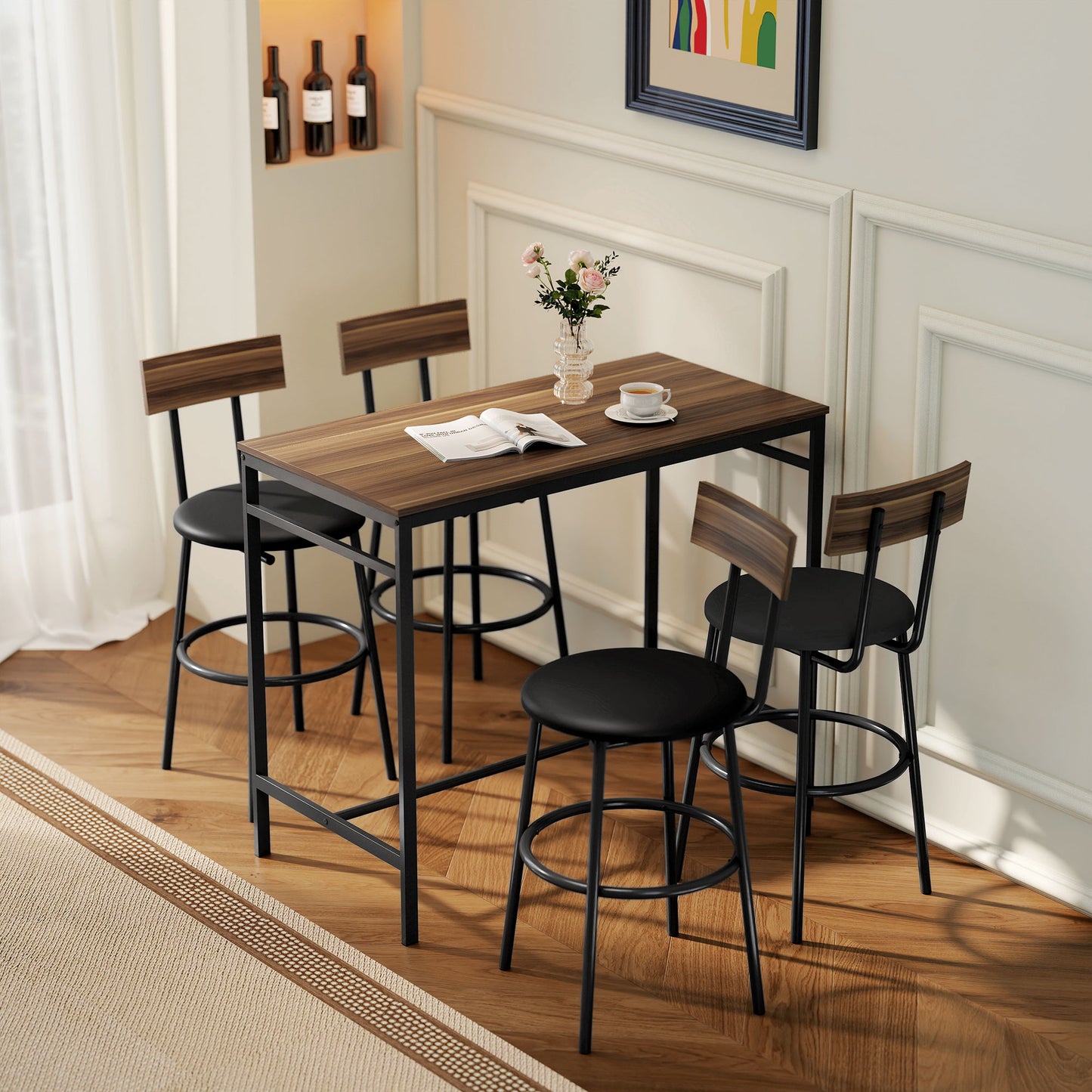 HOMCOM 5-teiliges Bartisch-Set mit 4 Stühlen, Industrielles Design, für Küche, Esszimmer, Holz, Stahl, Braun